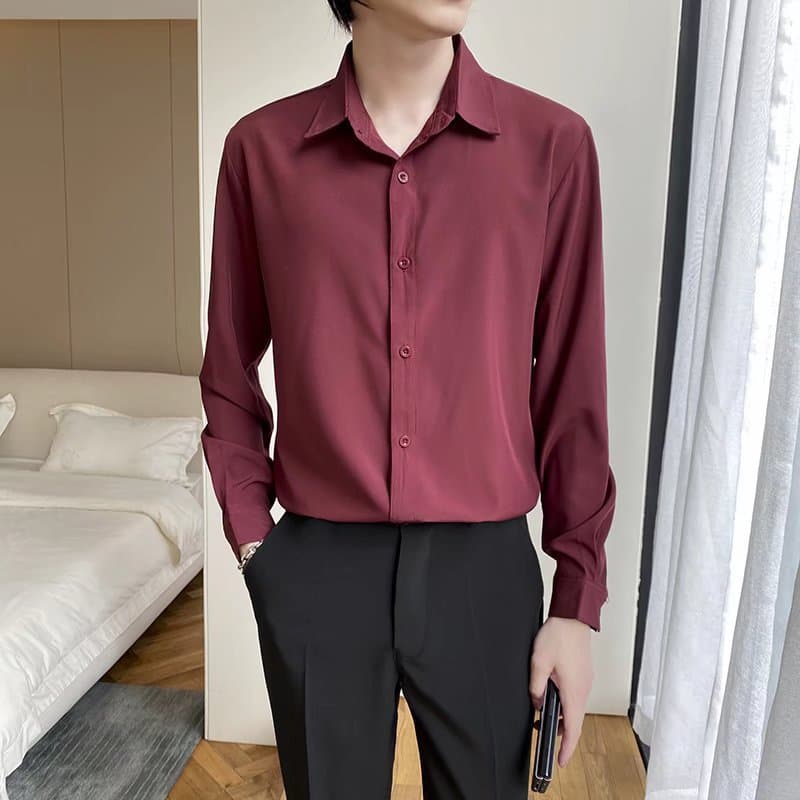 Spring/Autumn Wine Red Shirt for Men Wedding Best Man Long Sleeve High Quality Plus Size Top Fashion Trend