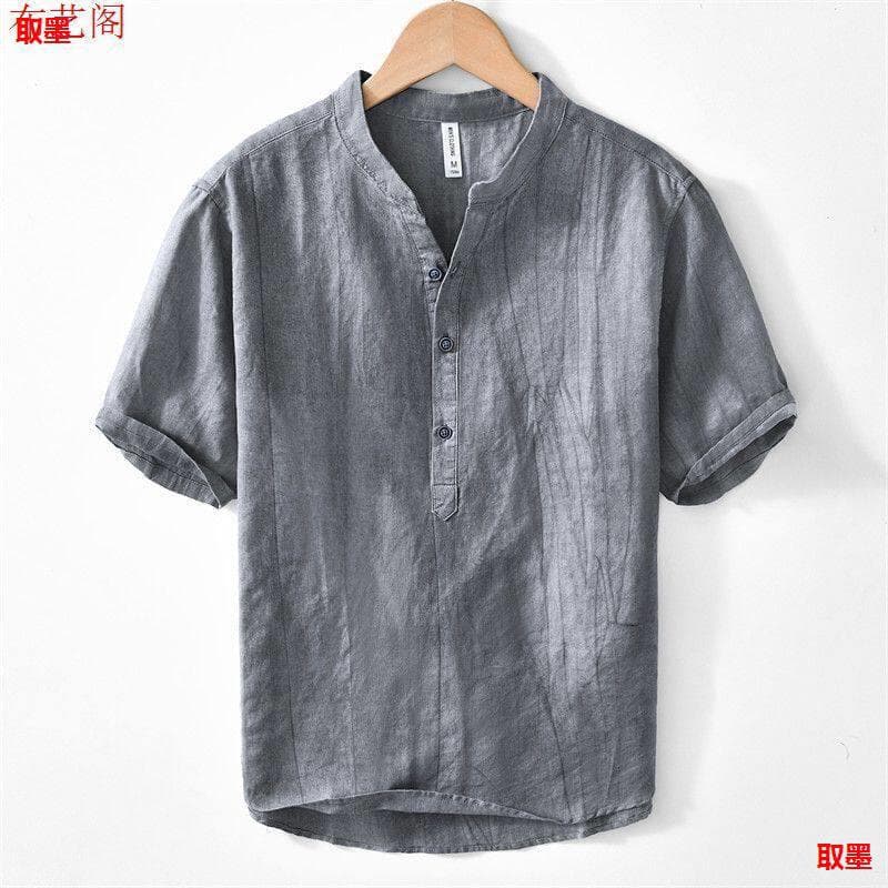 Summer Casual Men's 100% Linen Short Sleeve Shirt V-Neck T-Shirt Vintage Wrinkled Linen Solid Color Men's Top