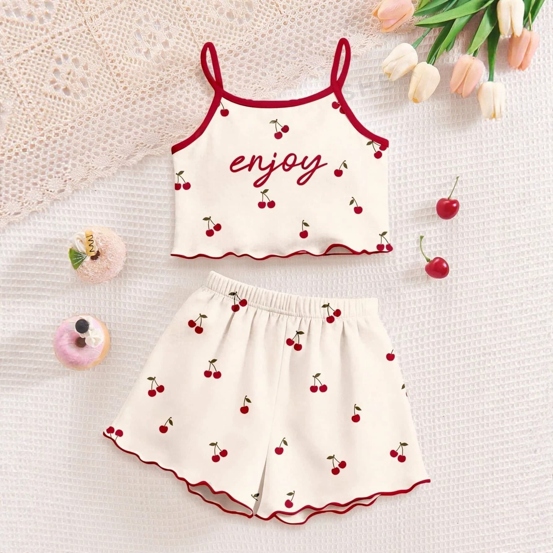 Cross-border hot-selling cherry print cute girls outfit camisole and shorts 2-piece set cherry Print 2PCS