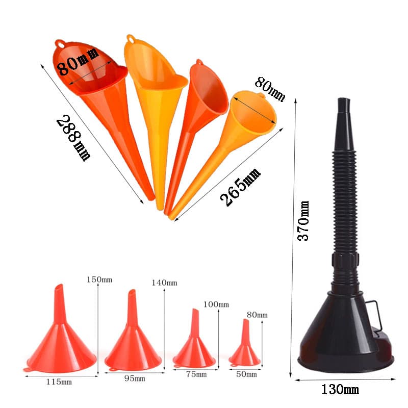 Multi-piece Funnel Set with Filter and Telescoping Spout for Car and Motorcycle Fueling in Various Models