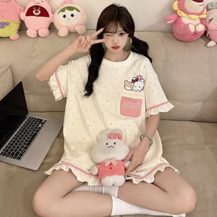 Cotton Pajama Set for Teen Girls Summer Thin Short Sleeve Shorts 12-Year-Old Girls Youth Style Wear-Out Set