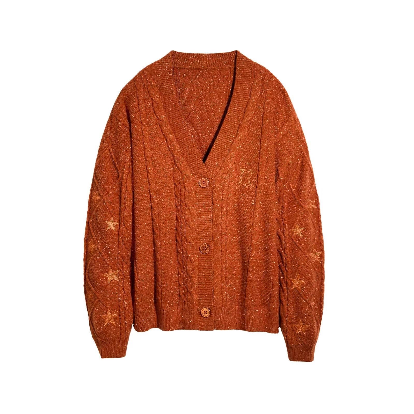Taylor Swift Style Orange Cardigan with Star Embroidery, Loose and Cozy Sweater for Amazon