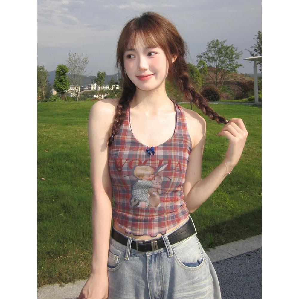 American Style Tank Top Women Summer Plaid Design Neckline Halter Vest Slim Sweet Cool Hot Girl Top Short 2