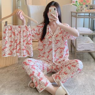 Women's Summer Short Sleeve Pajama Set 3-Piece, Internet Celebrity Ins Style Hello Kitty Sweet and Cute 2024 New Homewear