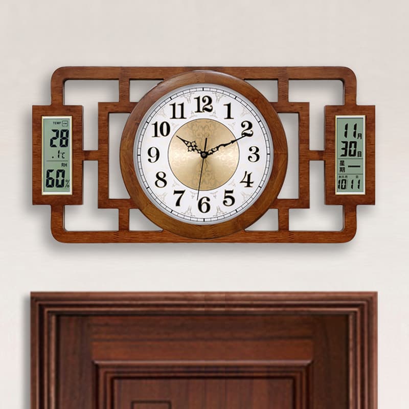 Chinese-Style Perpetual Dual-Calendar Wall Clock for Living Room, Luminous Silent Clock, Chinese-Style Radio-Controlled Automatic Time Wall Clock