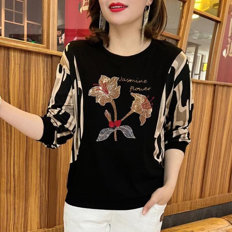 Plus Size Women's Trendy Loose Slimming Round Neck Printed Long Sleeve T-Shirt for Middle-Aged Moms to Look Younger