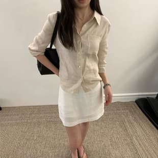 Korean Import High-End Linen Slimming Belted Waist Turn Down Collar Pocket Daily Office Top Shirt Cardigan