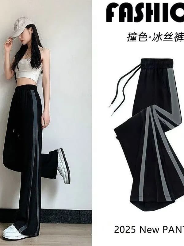 Women's Summer Thin High-Waist Straight Wide-Leg Pants, Loose Fit, Petite-Friendly, Ice Silk Split Stripe Casual Sweatpants