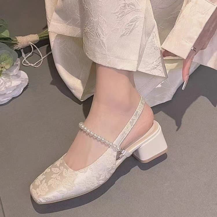 Cheongsam Special Shoes, Chinese Style New Chinese Embroidery Pearl Wrapped Heel Sandals Women 2026 New Chunky Heel Mid Heel Women's Shoes