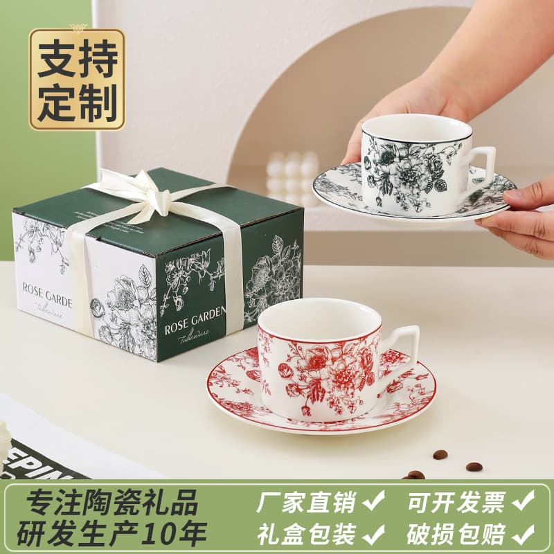 Red Rose Ceramic Coffee Cup and Saucer Gift Box Set for Newlyweds, Female Souvenir Gift, Afternoon Tea Mug