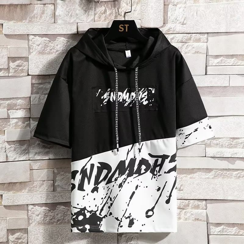 Trendy Hooded Five-Six Sleeve Daily Letter T-Shirt New Style Fashionable Urban Summer Men's Apparel Crew Neck Design