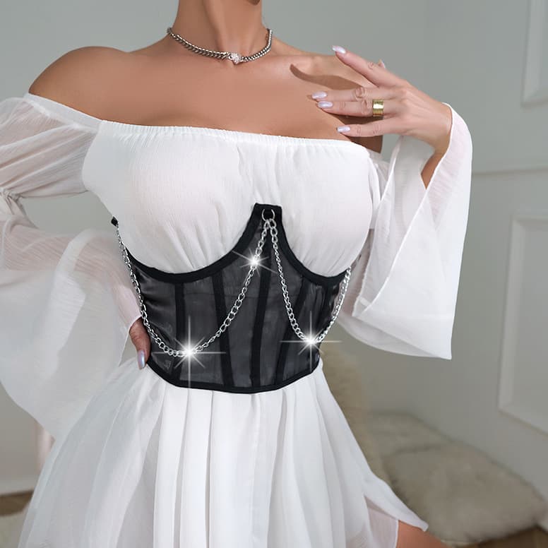 Mesh Splicing Chain Sexy Lingerie Bustier Waist Cincher Slim Fit Inner Wear with Fishbone Underwire Waist Trainer for Waist and Abdomen Shaping