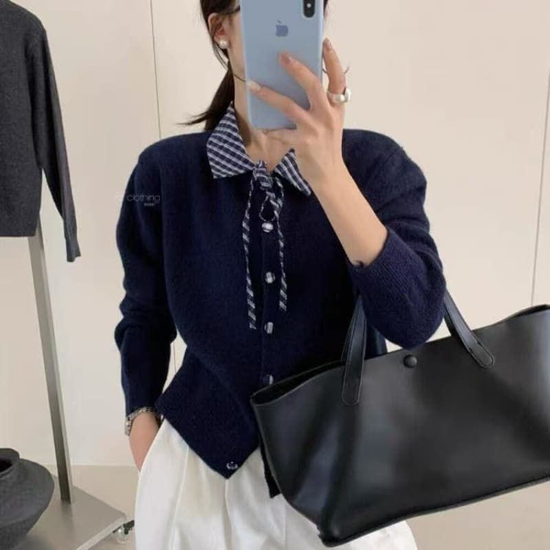 Designed plaid splicing polo collar cardigan lace-up long-sleeved women's Korean style three-dimensional button sweater jacket top