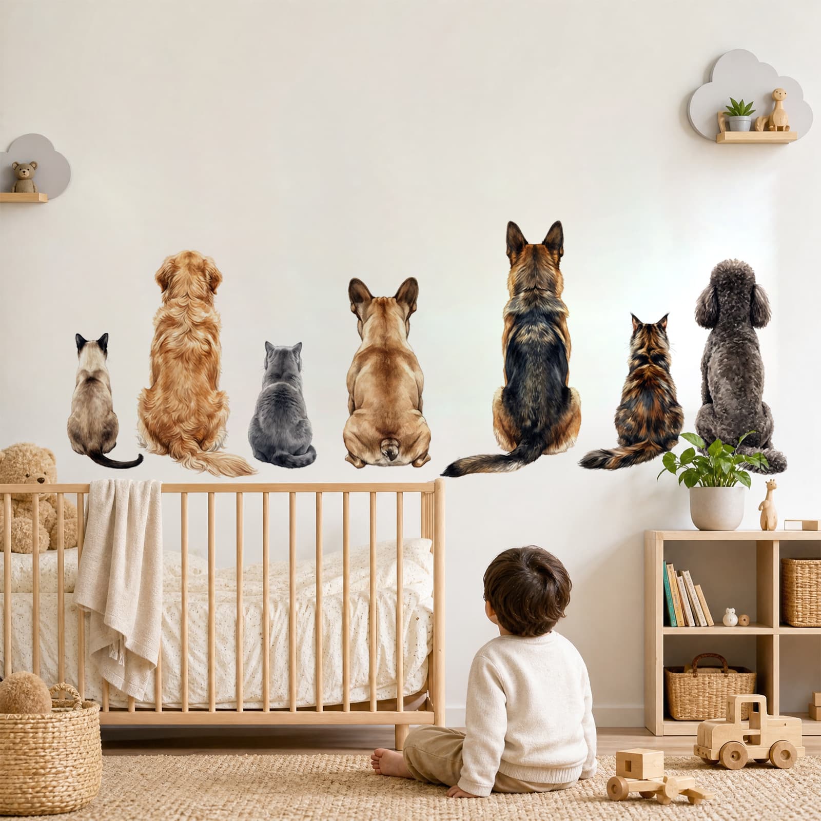 M15142 cartoon watercolor cat and dog back wall stickers living room bedroom children's room home background decorative wall stickers self-adhesive