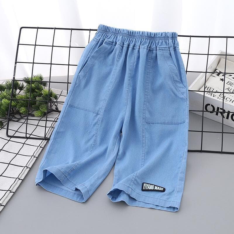 Kids Lightweight Tencel Cotton Denim Capri Pants Boys Patchwork Mid Short Pants Summer New Medium Large Kids Baby