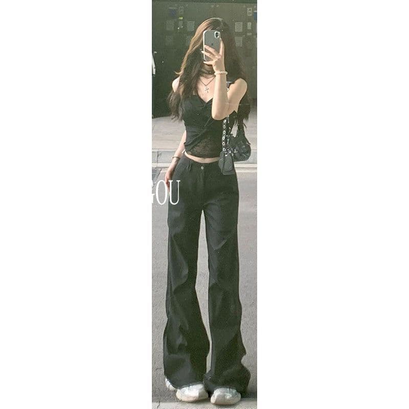 175 Tall Extended Black Cargo Pants for Women Summer High-Waist Floor-Length Flared Wide-Leg Loose Fit Pants