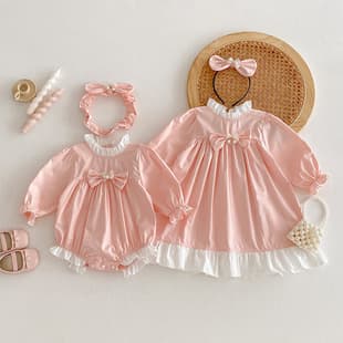 26 Autumn Long Sleeve Baby Clothes Girls Sweet Pink Triangle Romper Toddler Princess Style Dress Sister Matching Outfit