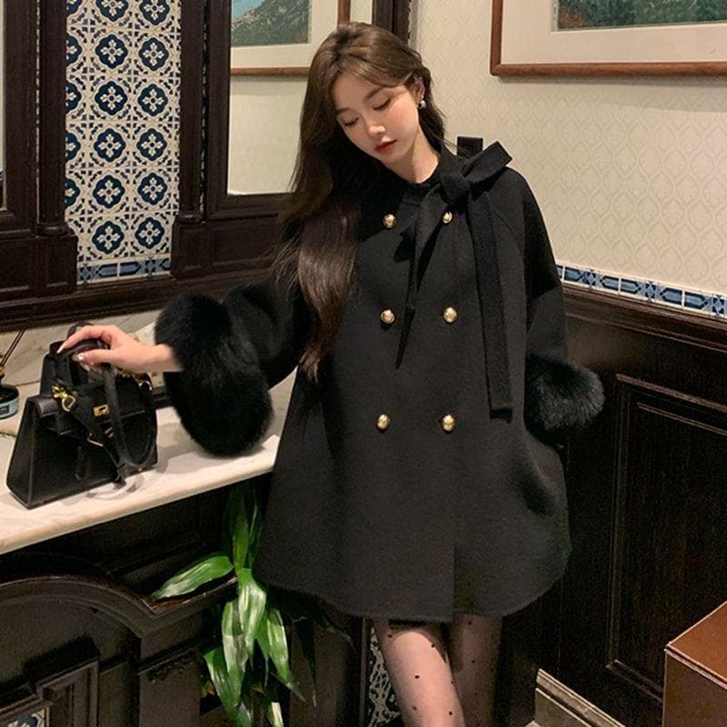 High-end French woolen coat for autumn and winter, new temperament, thickened and warm, woolen cuffs, woolen coat for small people