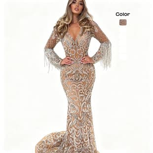 2025 Cross-border Spring New European and American Women's Evening Dress Fishtail Gold Sprinkle Fringe Elegant Sexy Long Gown