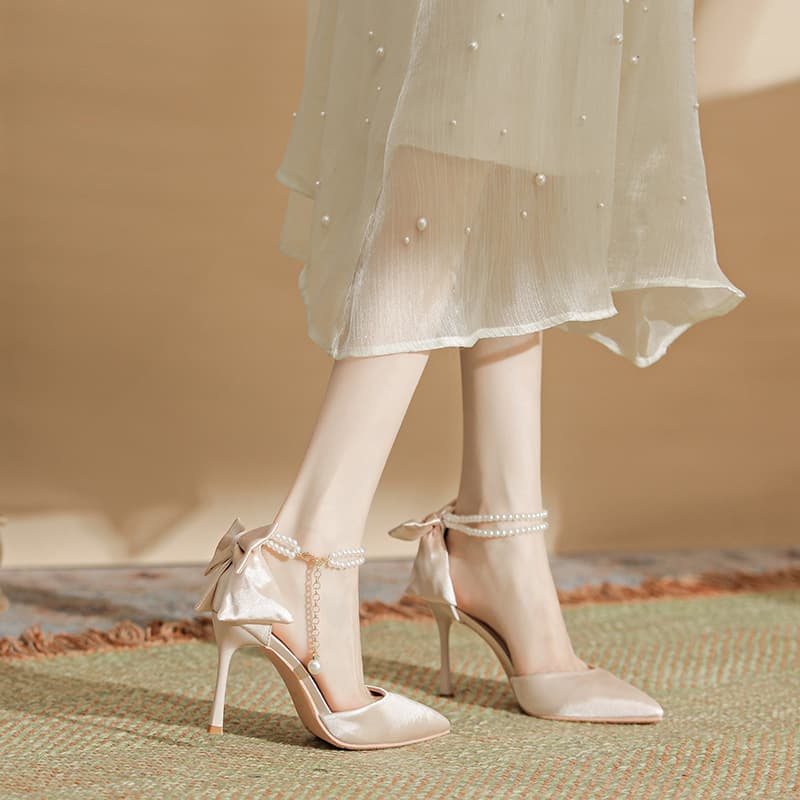 Single-buckle Pearl Chain French Wrap Sandals for Women New Summer White Wedding Champagne High Heels