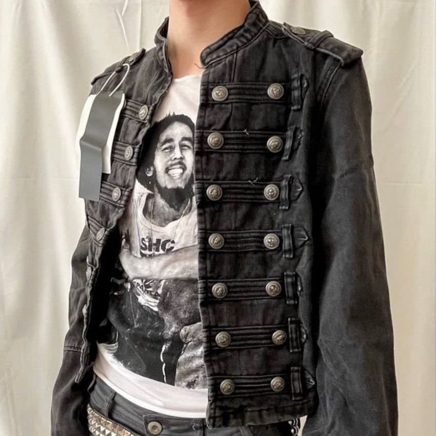 Y2K Trendy Fitted Top with Waist Definition, Vintage Court Style Multi-Button Cropped Washed Jacket
