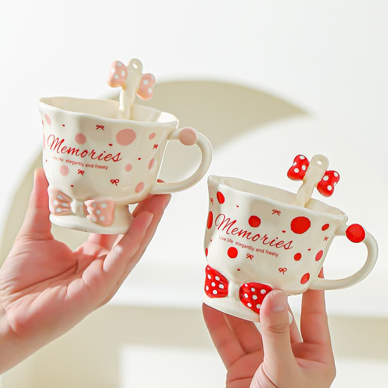 Bow Spoon Wine Glass Cute Girl Mug Set Drinking Cup Small Gift High Appearance Ceramic Cup