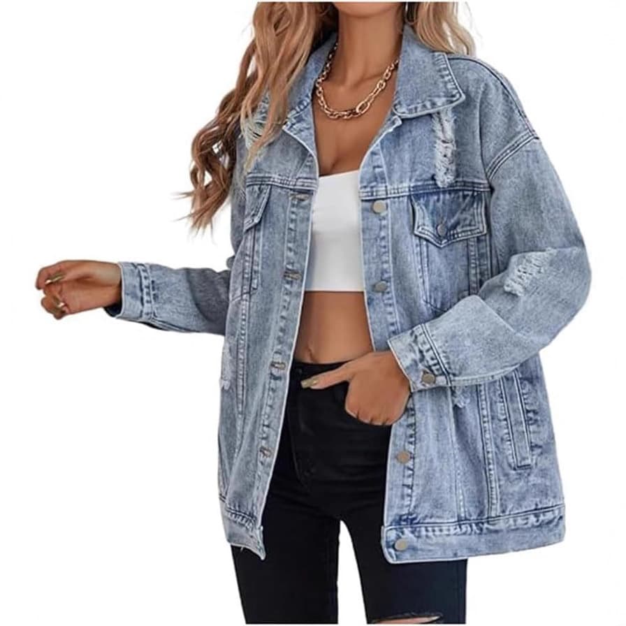 Amazon Export Women's Oversized Denim Jacket Boyfriend Ripped Distressed Style Jean Coat