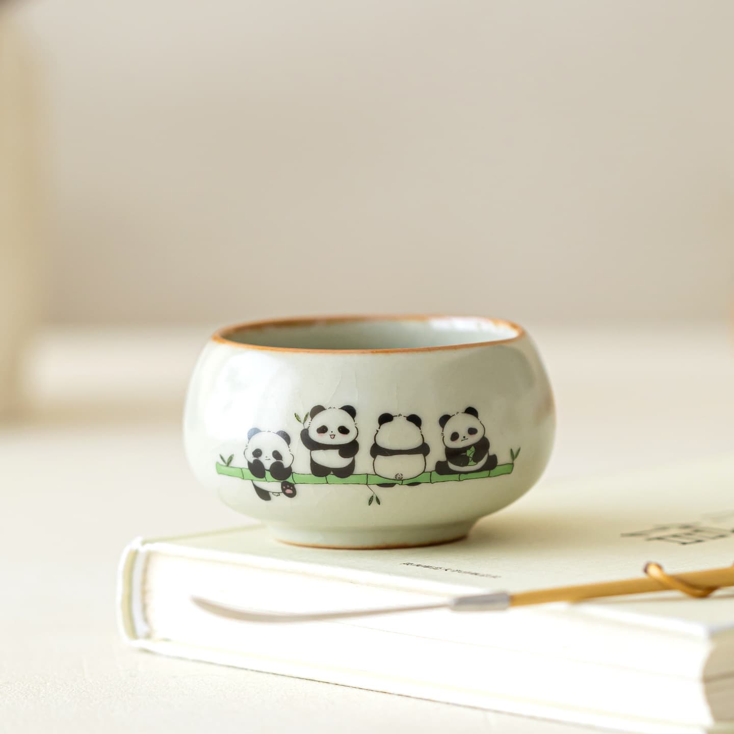 Ru Kiln Joyful Panda Ceramic Crackle Tea Cup for Home Use, Chinese Style Personal Tea Cup, Gift Box