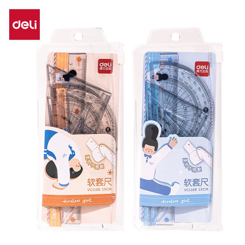Deli ruler 15cm triangle set drawing 20cm ruler 4-piece set student ruler soft ruler transparent ruler