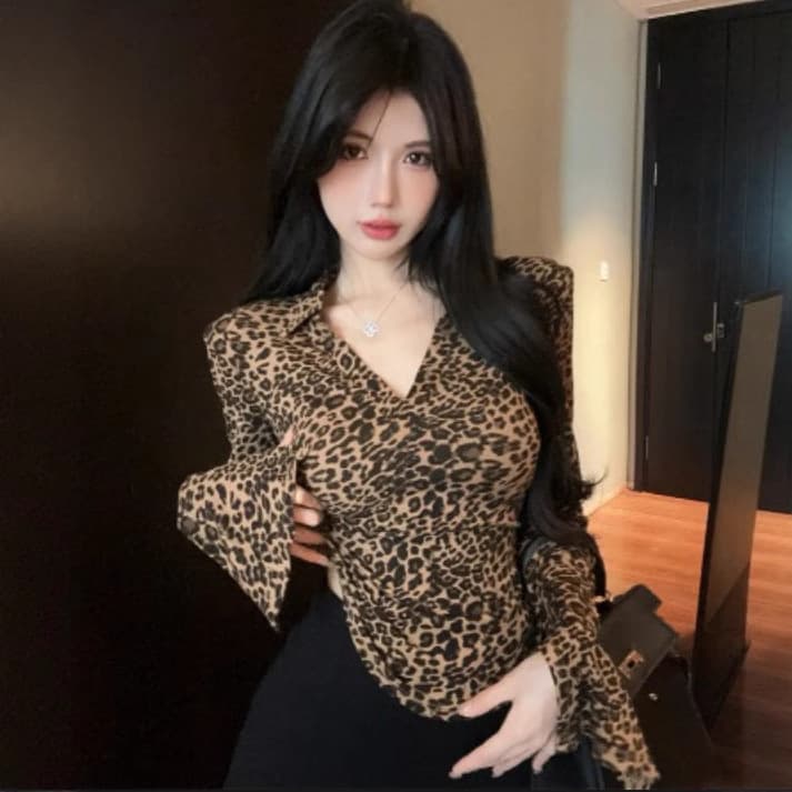Ins Pure Sexy Leopard Print Polo Neck Long Sleeve Top Women Spring Autumn Hot Girl Club Tight Base Tee Shirt Trendy