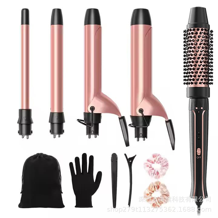 TK Amazon Cross-Border Export 5-in-1 Interchangeable Head Curling Iron Round Brush Clip Curling Wand Wavytalk Same Style Factory Source