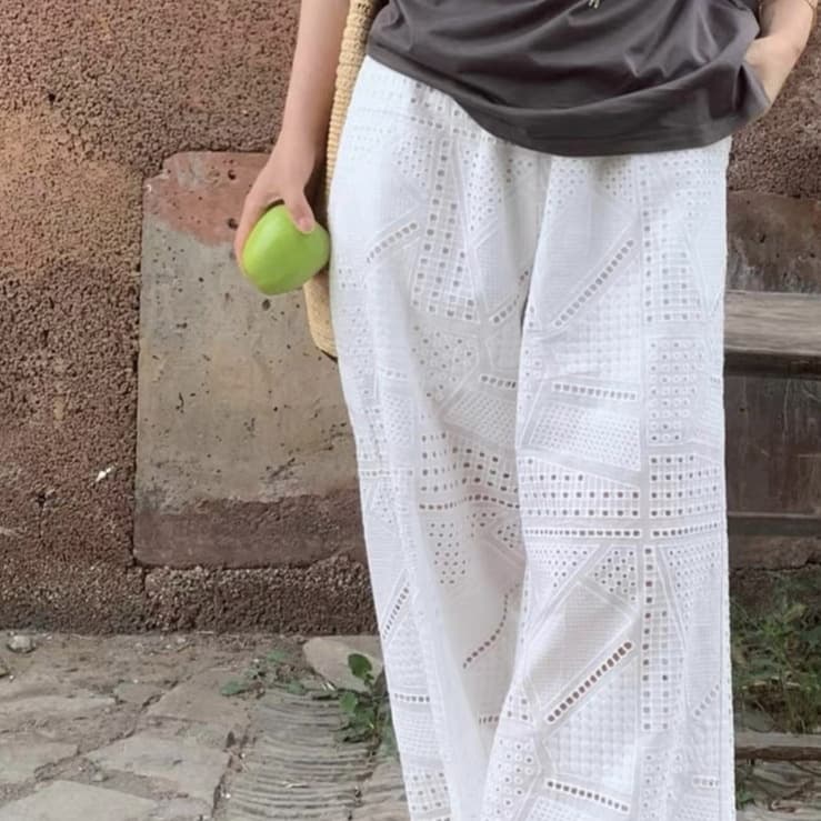 French-Style Embroidered Hollow-Out 2026 Spring/Summer Lightweight Breathable High-Waisted Elastic Waist Loose Wide-Leg Straight Pants