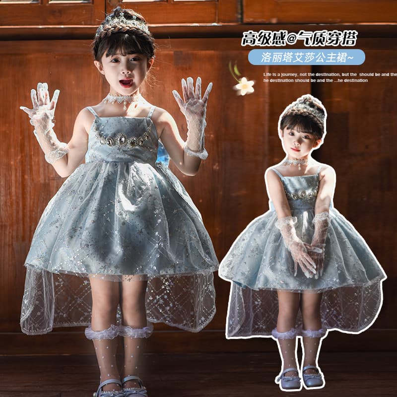 Girl Lolita Elsa Princess Puffy Suspender Dress 2025 Summer New Girl Birthday Dress