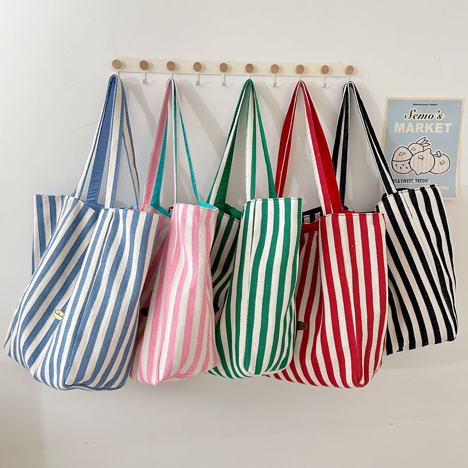 Striped Canvas Tote Bag 2025 New Korean Style Ins Casual Shoulder Bag Large Capacity Shopping Bag