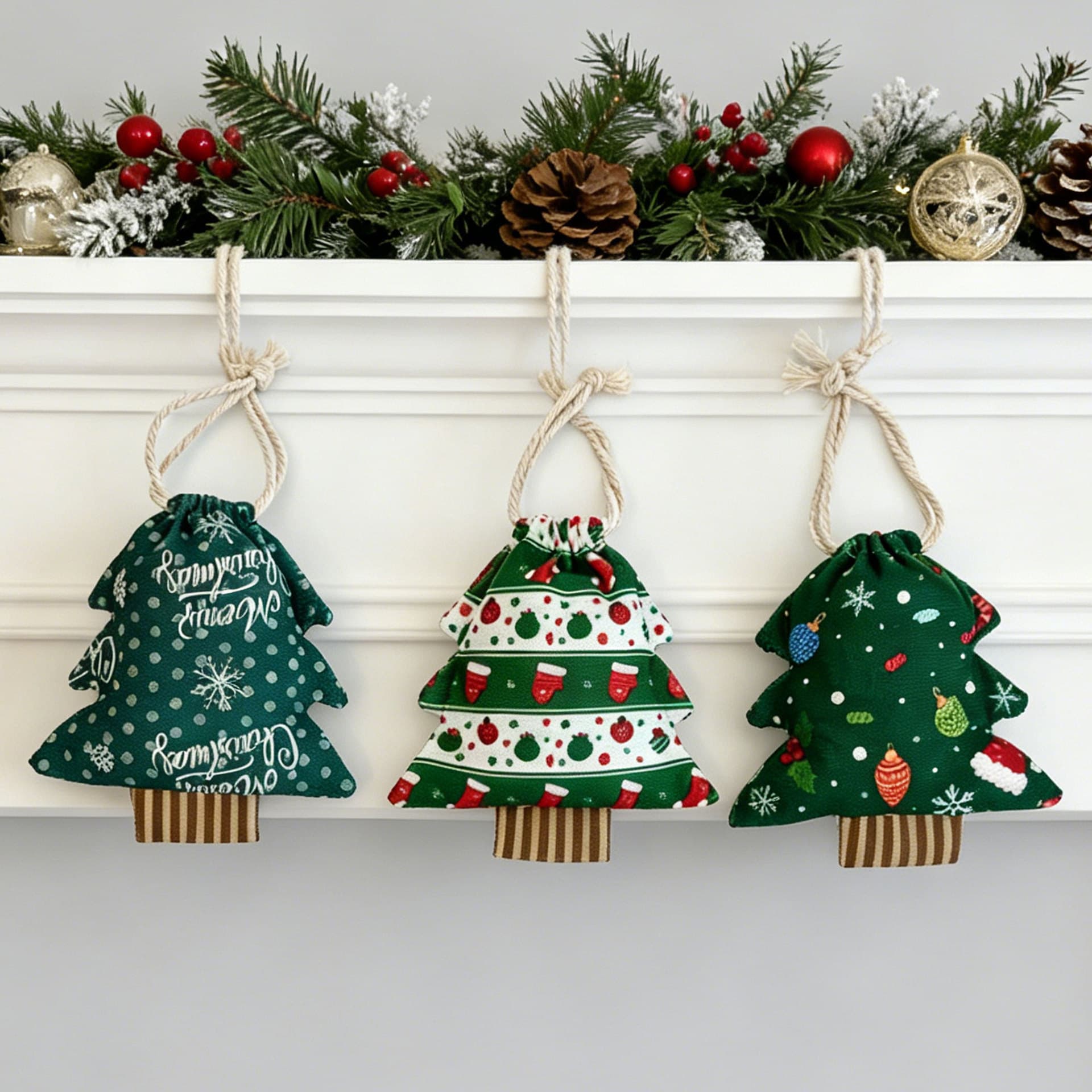 Christmas tree shape printed drawstring pockets Christmas accessories Window party atmosphere hanging Christmas decorations