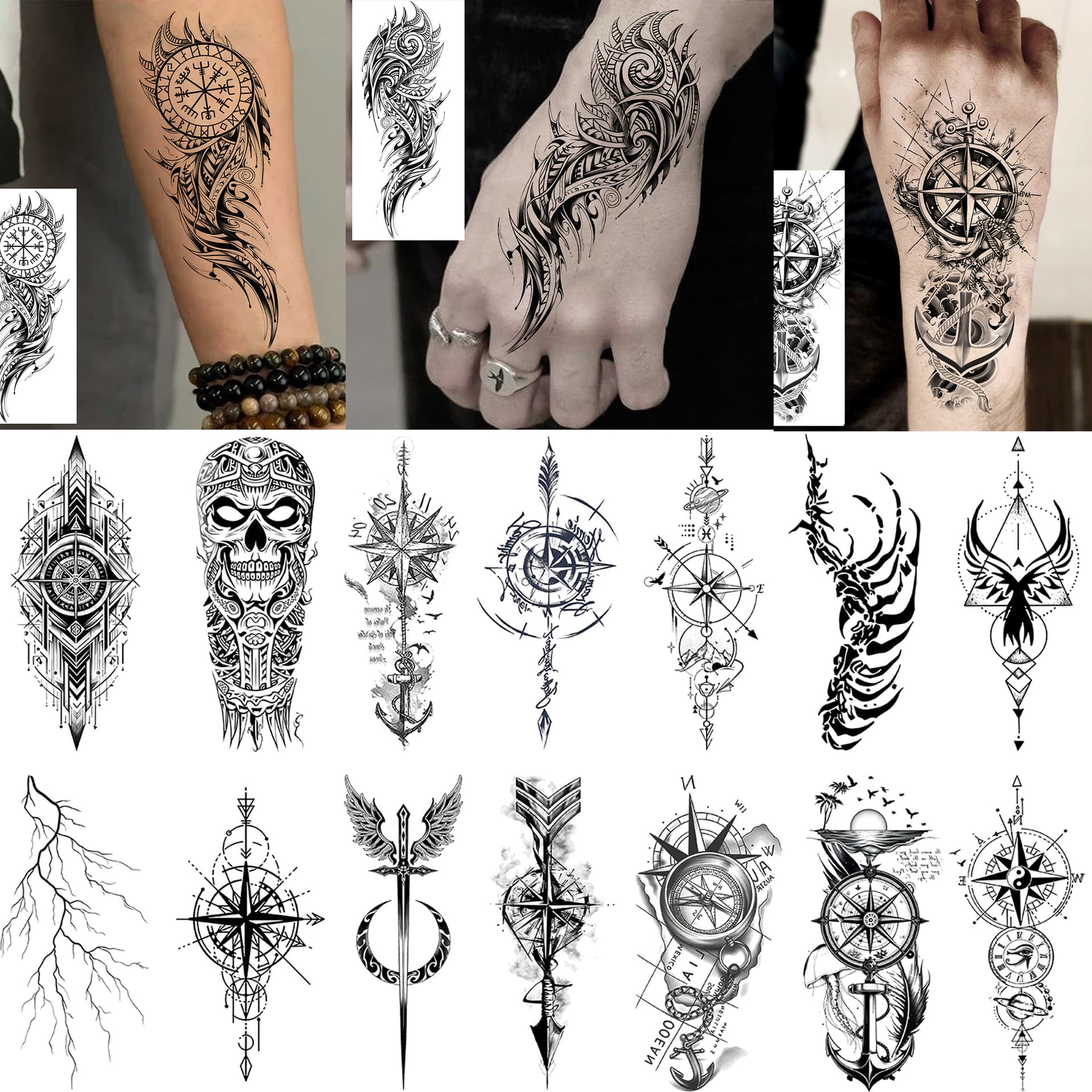 New Cross-Border Black and White Ship Anchor Compass Hand Back Tattoo Sticker Water Transfer Tattoo for Amazon