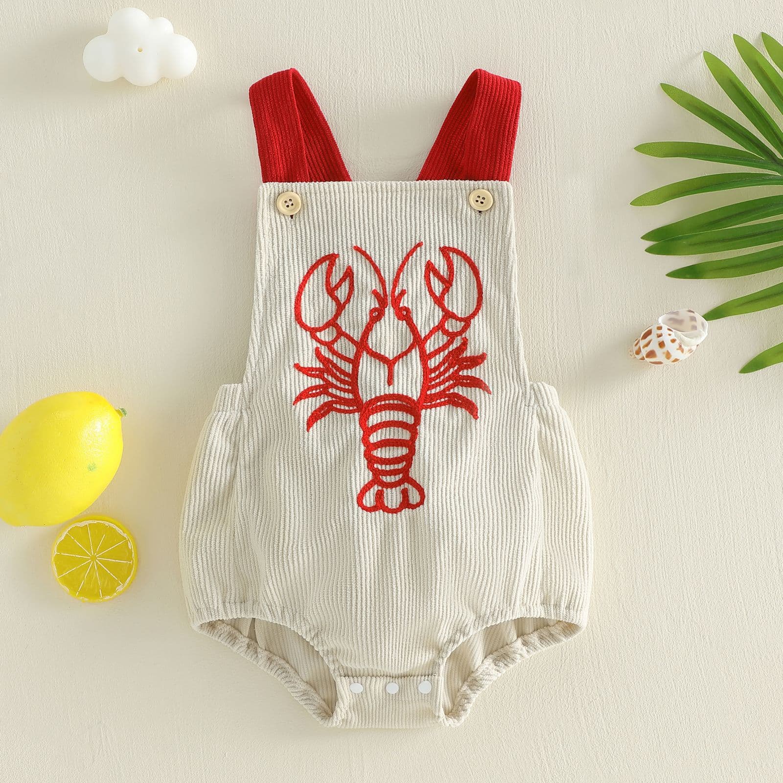 Baby Summer Romper Bodysuit with Cute Lobster Embroidery, Triangle Diaper Cover, Outwear for Infants