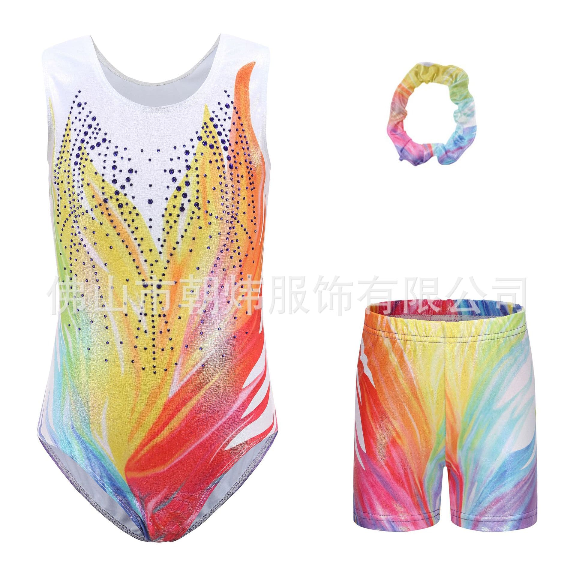 Rainbow Girls Gymnastics Leotard with Gold Foil Print, Children's Dancewear Performance Outfit, Tight Fit Training Suit Set