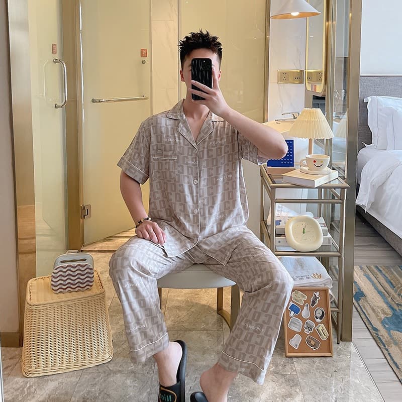 Lightweight Breathable Pajamas for Men Summer Long-Sleeve Pants Ultra-Thin Silk Cotton Youth Home Clothes Spring/Autumn Summer Men's Set