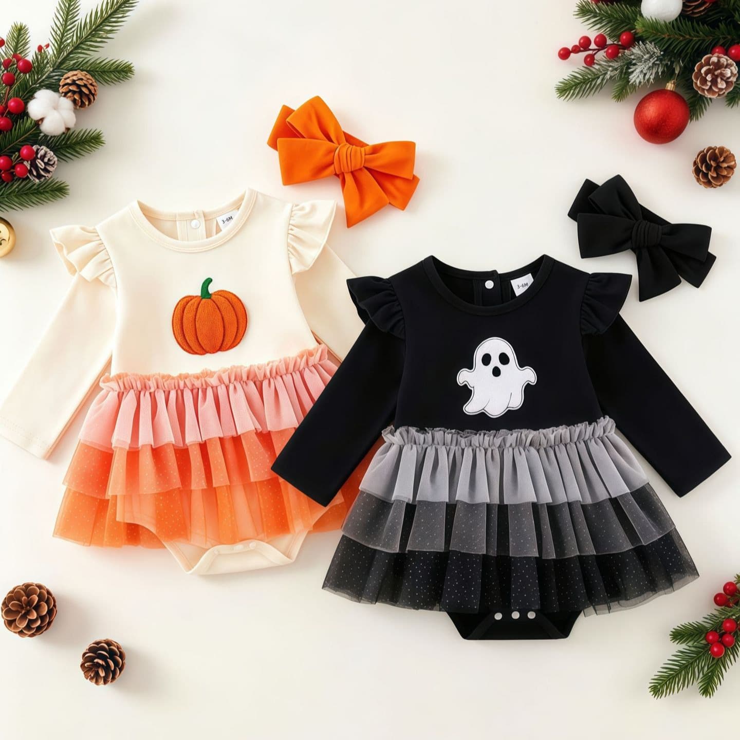 Amazon Ghost Dress Round Neck Pumpkin Embroidery Bodysuit Halloween Triangle Bodysuit Long Sleeve Children's Clothing Wholesale