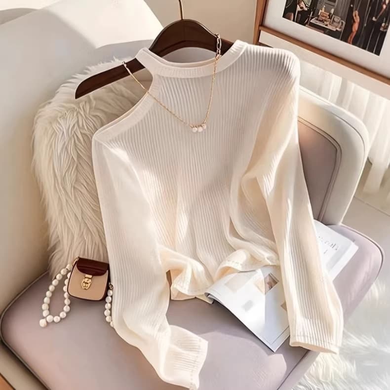 Early Autumn New Arrival Minimalist Fitted White Long-Sleeve T-Shirt for Women, French Simple Elegant Sweet Top