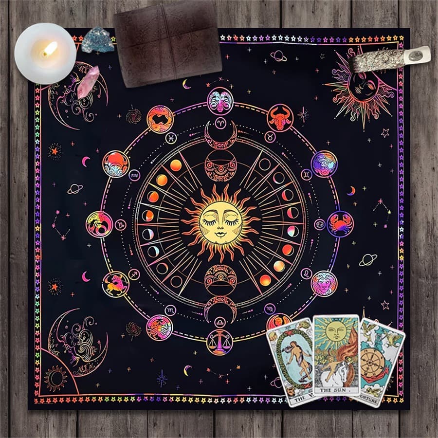 Zodiac Moon Phase Energy Symbol Altar Cloth Five-Pointed Star Tarot Black Oracle Cloth Tarot Table Cloth Mat