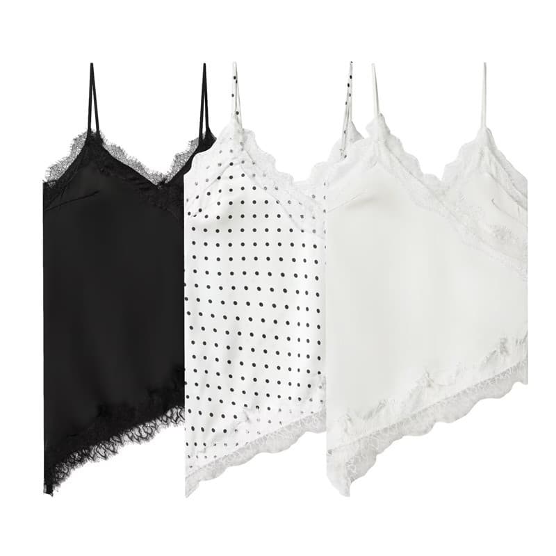 UNIZERA Women's 2026 Summer New Arrival Elegant Off-Shoulder Polka Dot Lace Trim Split Camisole Top