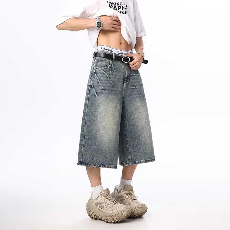 2025 Summer Washed Lightning Pattern White Jeans Men's Cropped Shorts American High Street Loose Straight Men's Pants