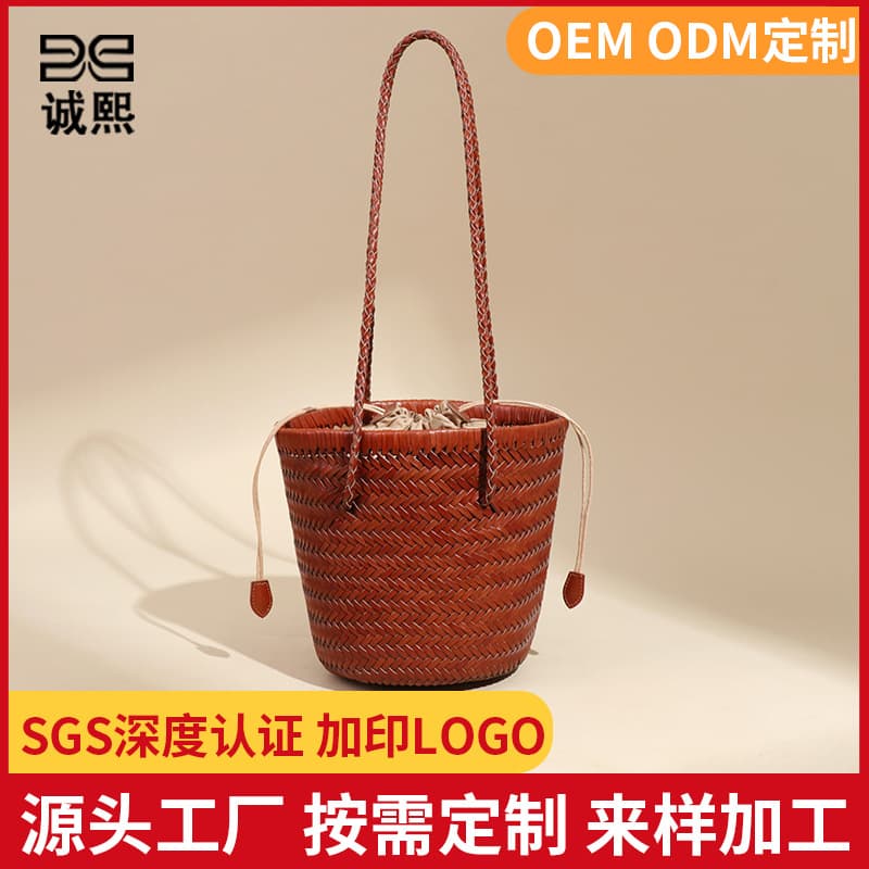 New Summer Genuine Leather Woven Handheld Bucket Bag Casual Basket Beach Bag Large Capacity Shoulder Underarm Mother-Child Bag
