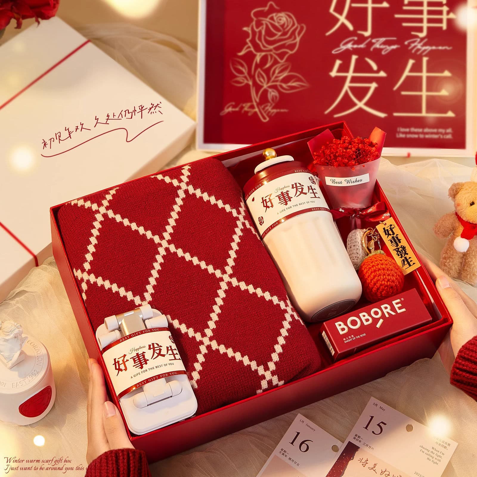2026 Year of the Horse New Year Birthday Gift for Girlfriend, Female Colleagues, Employees, Customer Benefits, Practical Red Scarf Gift Box