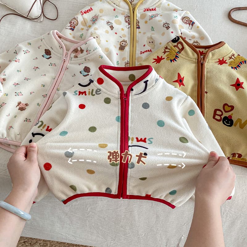 Children's Sherpa Jacket 2025 New Winter Girls' Cute Polka Dot Zippered Shirt Boys' Fashion Cartoon Winter Wear