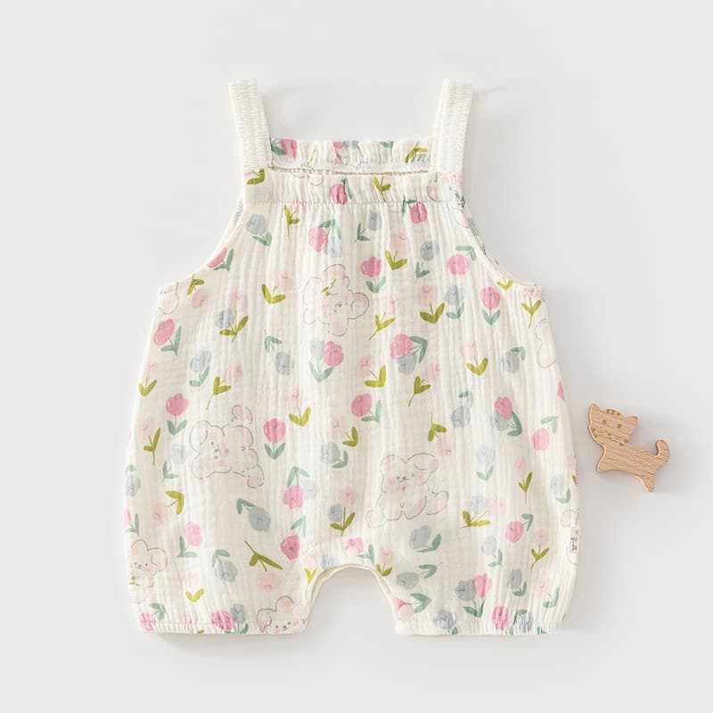 Baby Suspender Romper Summer Korean Style Little Girl Chic Small Floral Print Suspender Onesie Gauze Single Layer Crawling Outfit