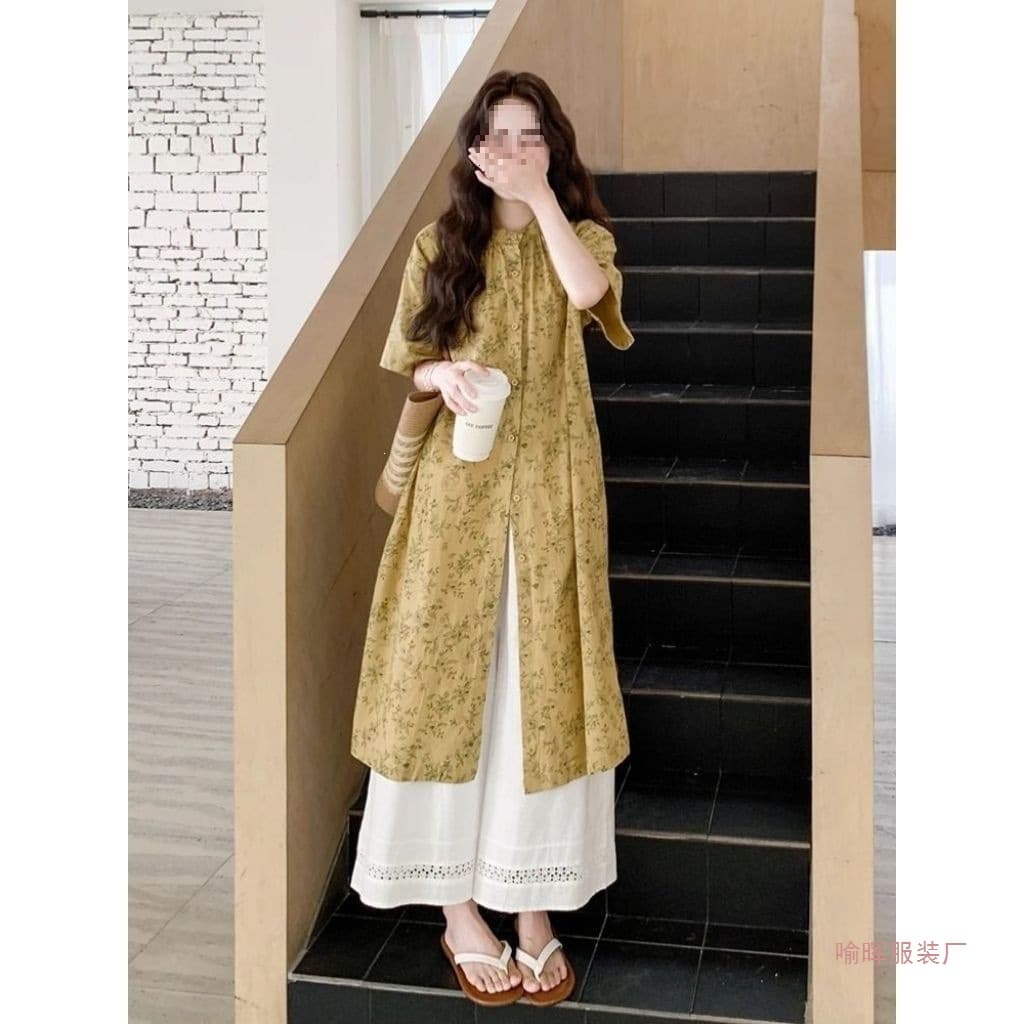 Plus Size New Chinese Style Floral Print Shirt Dress Set, Women's Summer New Lazy Style Wide Leg Pants Two-Piece Set, European and American Style