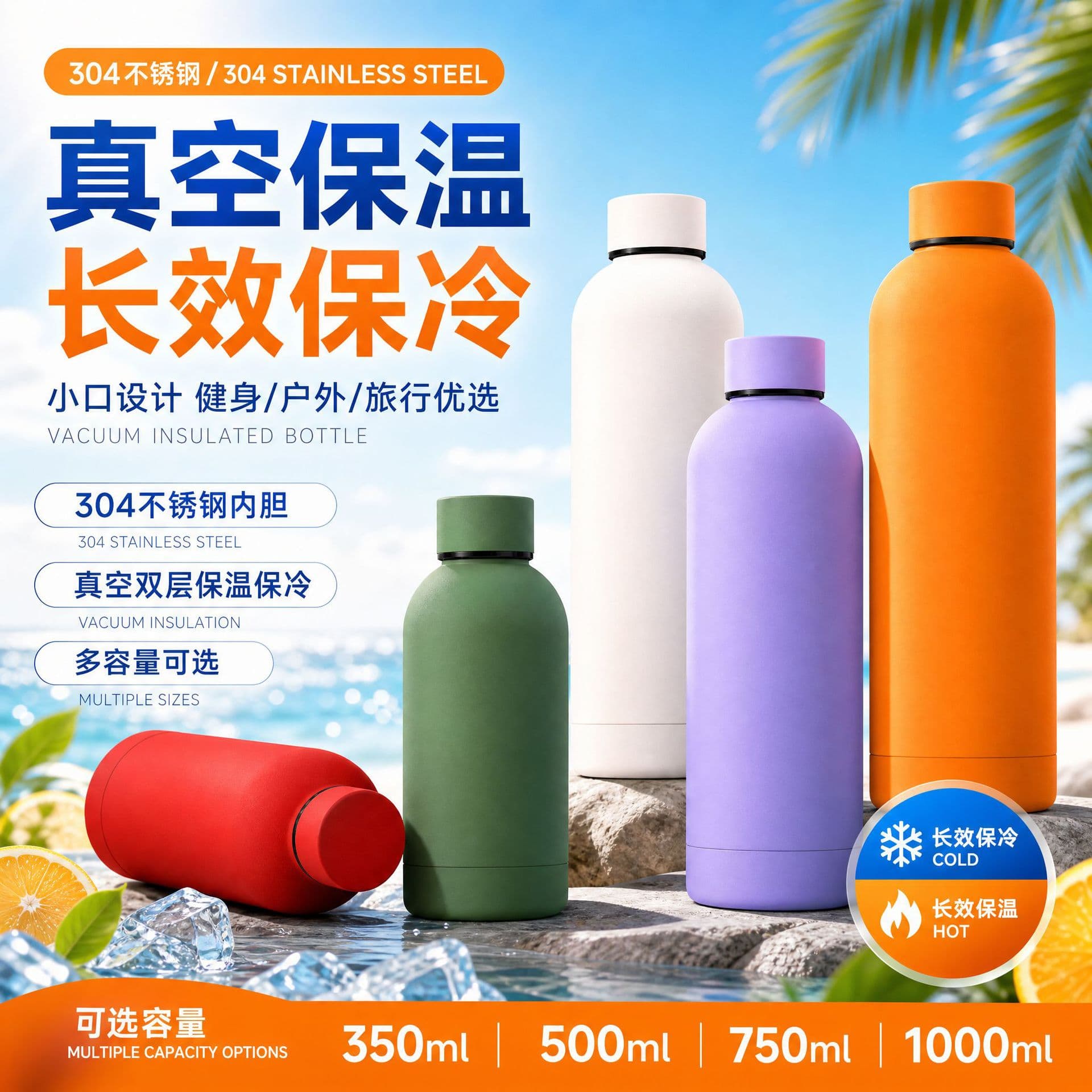 Cross-border 304 stainless steel small mouth bottle thermos cup outdoor portable sports water cup large capacity water bottle double layer cold storage